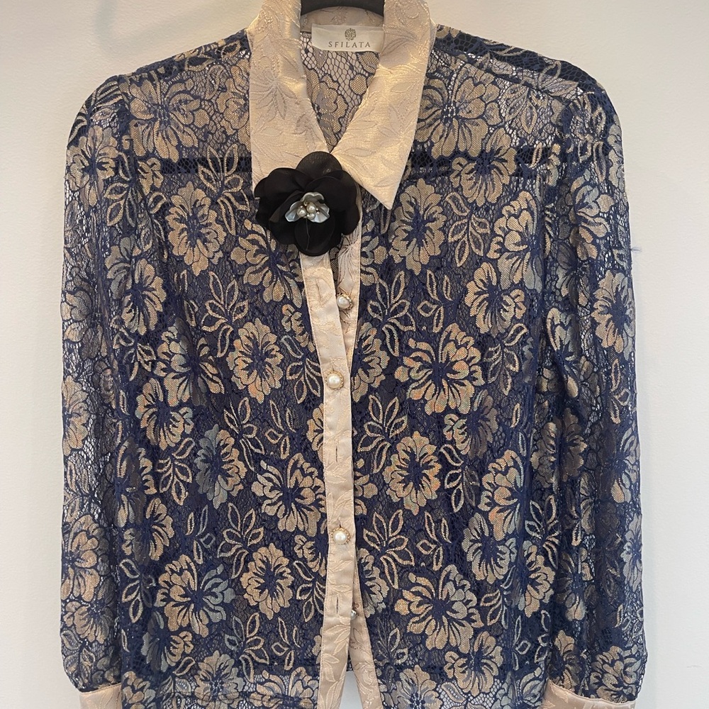 Blue Floral Lace Women's Top